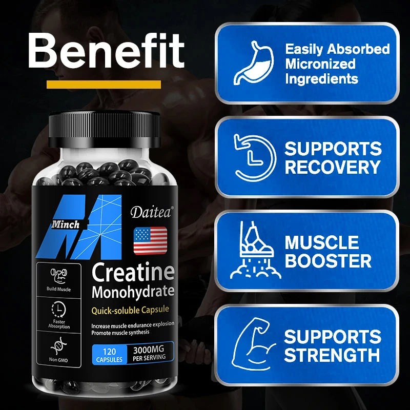 Creatine Monohydrate - Promotes Muscle Mass, Muscle Strength and Athletic Performance, 30/60/120 Capsules, Non-GMO, Gluten-Free