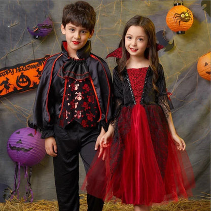 2025 Girls Cosplay Vampire Halloween Dress for Kids Ghost Bride Gothic Costume Count Vampiran Carnival Outfit Black Red Clothes