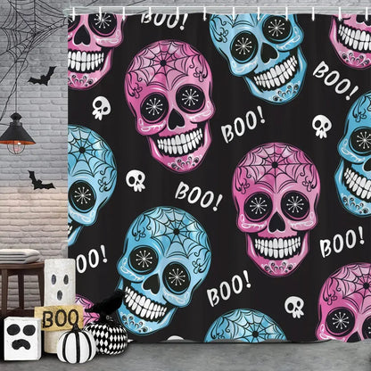 Spooky Horror Halloween Skeleton Crow Shower Curtain Black Bat Black Cat Polyester Fabric Bath Curtain Bathroom Decor With Hooks