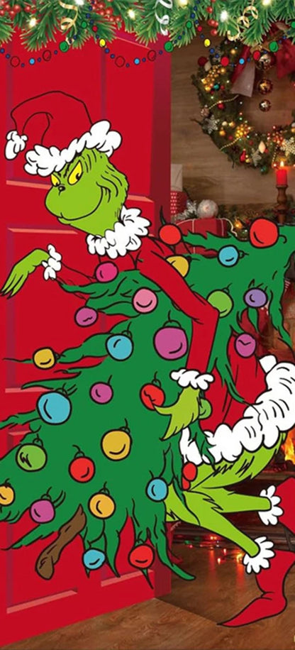 Christmas Green Haired Monster Door Cover Background Cloth Banner Christmas Party Scene Decoration Door Cover