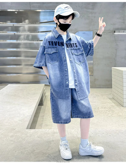 Boys Denim Suit Summer Clothes New Children's Short Sleeve Shirt + Shorts Sports Korean Tracksuit Sets Kids Luxury Clothing Suit