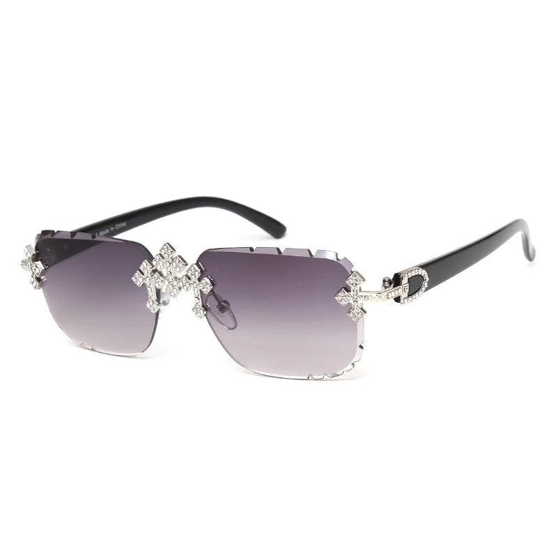 2025 Fashion Square Rimless Sunglasses Cross Diamond Metal Frame For Women Luxury Eyewear Cut Lens UV400 Shades Sun Glasses
