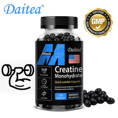 Creatine Monohydrate - Promotes Muscle Mass, Muscle Strength and Athletic Performance, 30/60/120 Capsules, Non-GMO, Gluten-Free