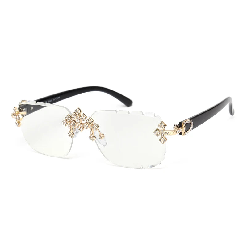 2025 Fashion Square Rimless Sunglasses Cross Diamond Metal Frame For Women Luxury Eyewear Cut Lens UV400 Shades Sun Glasses
