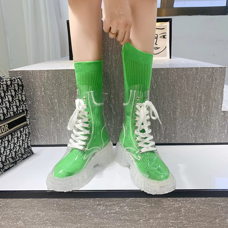 Women Sport Chunky Jelly Shoes Platform Flats Rainboots 2022 Spring New Designer Transparent Ladies Shoes Running Zapatos