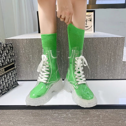 Women Sport Chunky Jelly Shoes Platform Flats Rainboots 2022 Spring New Designer Transparent Ladies Shoes Running Zapatos