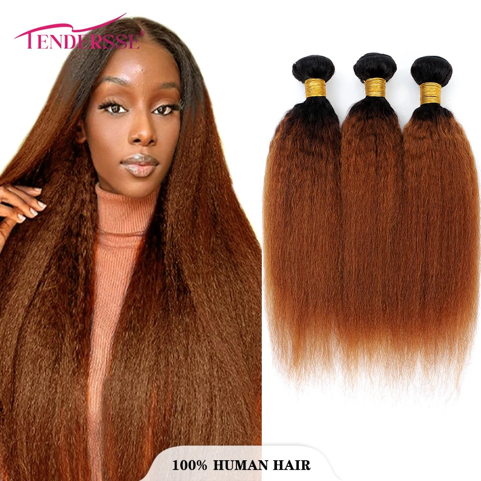 10A Peruvian Virgin Hair Kinky Straight Hair 3 Bundles Dark Root Brown Afro Ombre Yaki Human Hair Wave For Women On Clearance