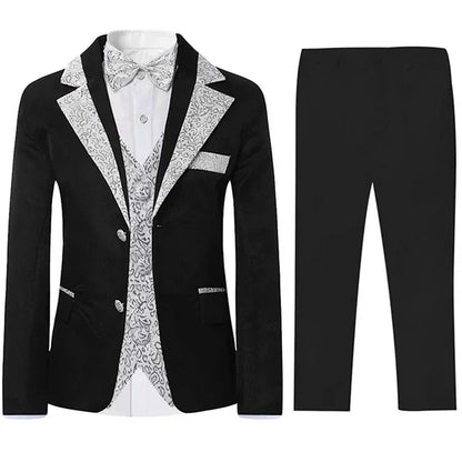 Boys Slim Fit Suits 5 Pieces Set Kids Blazer Vest Pants Shirt Bowtie  Jacket With Gold Rims For Wedding Party Prom