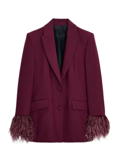 Women's Feather Suit Blazer Pants Set Lapel Shoulder Pads Full Sleeve Jackets Pockets Straight Pant 2025 Autumn Lady Suit Street