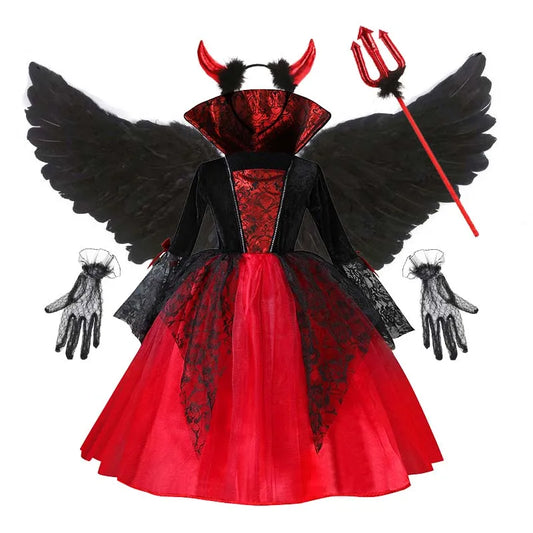 2025 Girls Cosplay Vampire Halloween Dress for Kids Ghost Bride Gothic Costume Count Vampiran Carnival Outfit Black Red Clothes