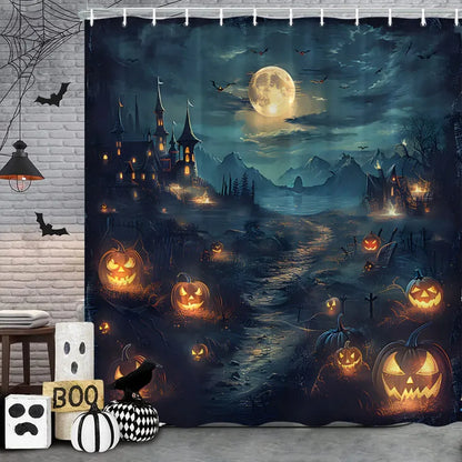 Spooky Horror Halloween Skeleton Crow Shower Curtain Black Bat Black Cat Polyester Fabric Bath Curtain Bathroom Decor With Hooks