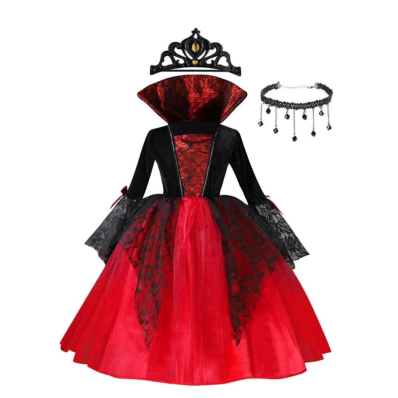 2025 Girls Cosplay Vampire Halloween Dress for Kids Ghost Bride Gothic Costume Count Vampiran Carnival Outfit Black Red Clothes