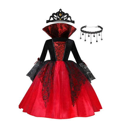 2025 Girls Cosplay Vampire Halloween Dress for Kids Ghost Bride Gothic Costume Count Vampiran Carnival Outfit Black Red Clothes