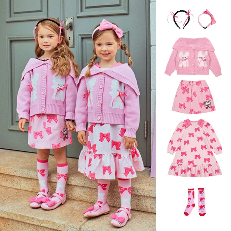 Children's Clothes 2025BE Knitwear Cardigan Skirts Baby Girls Autumn Winter Princess Bow Printed Dress Clothings KIDS AM Korean