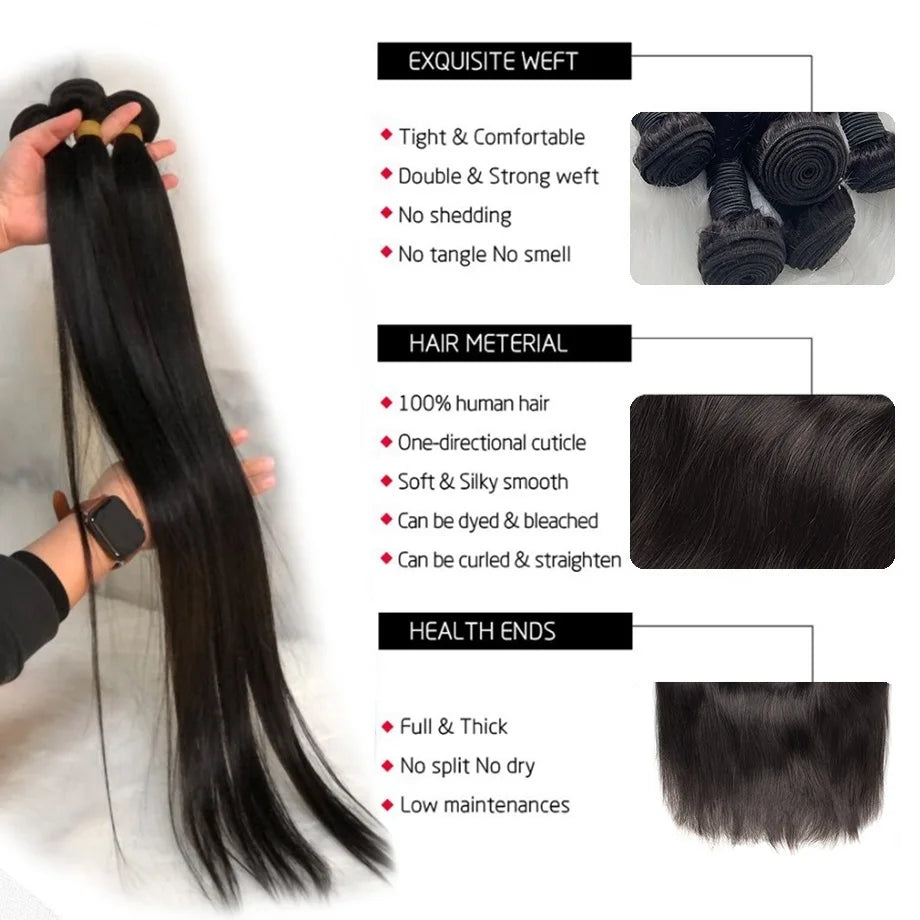 Alisa Bone Straight Human Hair Bundles 30 Inch Brazilian Weave Hair 3 Pieces For Women Bundles Straight Remy Hair Extensions