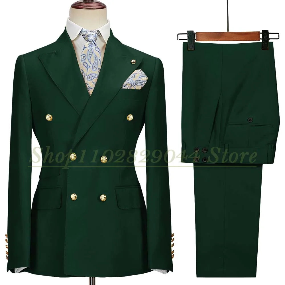 Blazer Hombre Yellow Suits for Men Chic Double Breasted Peak Lapel Elegant Wedding Full Set Male 2 Piece Jacket Pants 031D