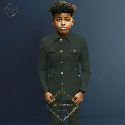Boys single breasted formal suit 2 piece suit, boys Zhongshan suit style long coat classic design suitable for 2~16 years old