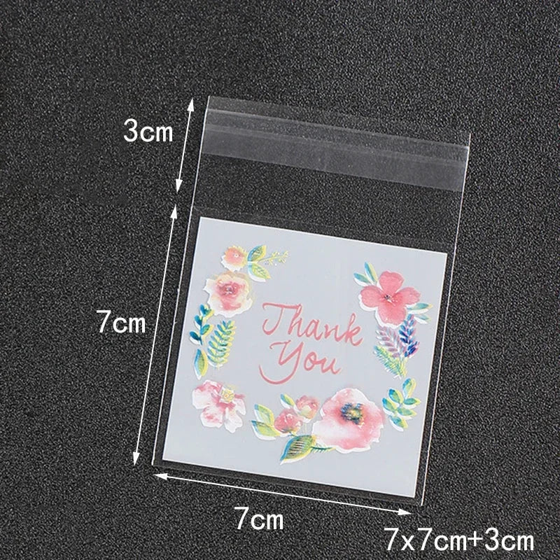 100pcs/lot Plastic Bags Thank you Flower Self-Adhesive Bags for Homemade Cookie Party Gifts Bag DIY Jewelry Packaging Bag