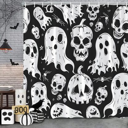 Spooky Horror Halloween Skeleton Crow Shower Curtain Black Bat Black Cat Polyester Fabric Bath Curtain Bathroom Decor With Hooks