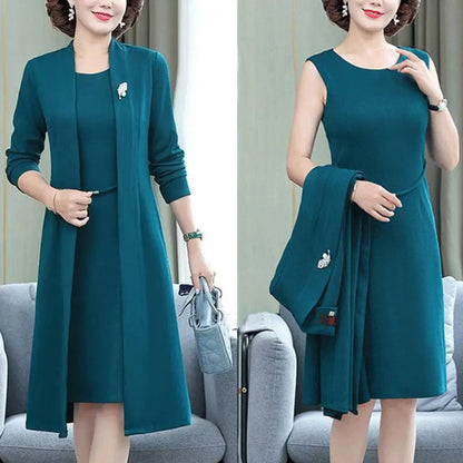 Women s Office Suit Fashion suit Simple Solid 2025 Spring Summer Open Front Long Cardigan Top Dress 2 Piece Set Blazer
