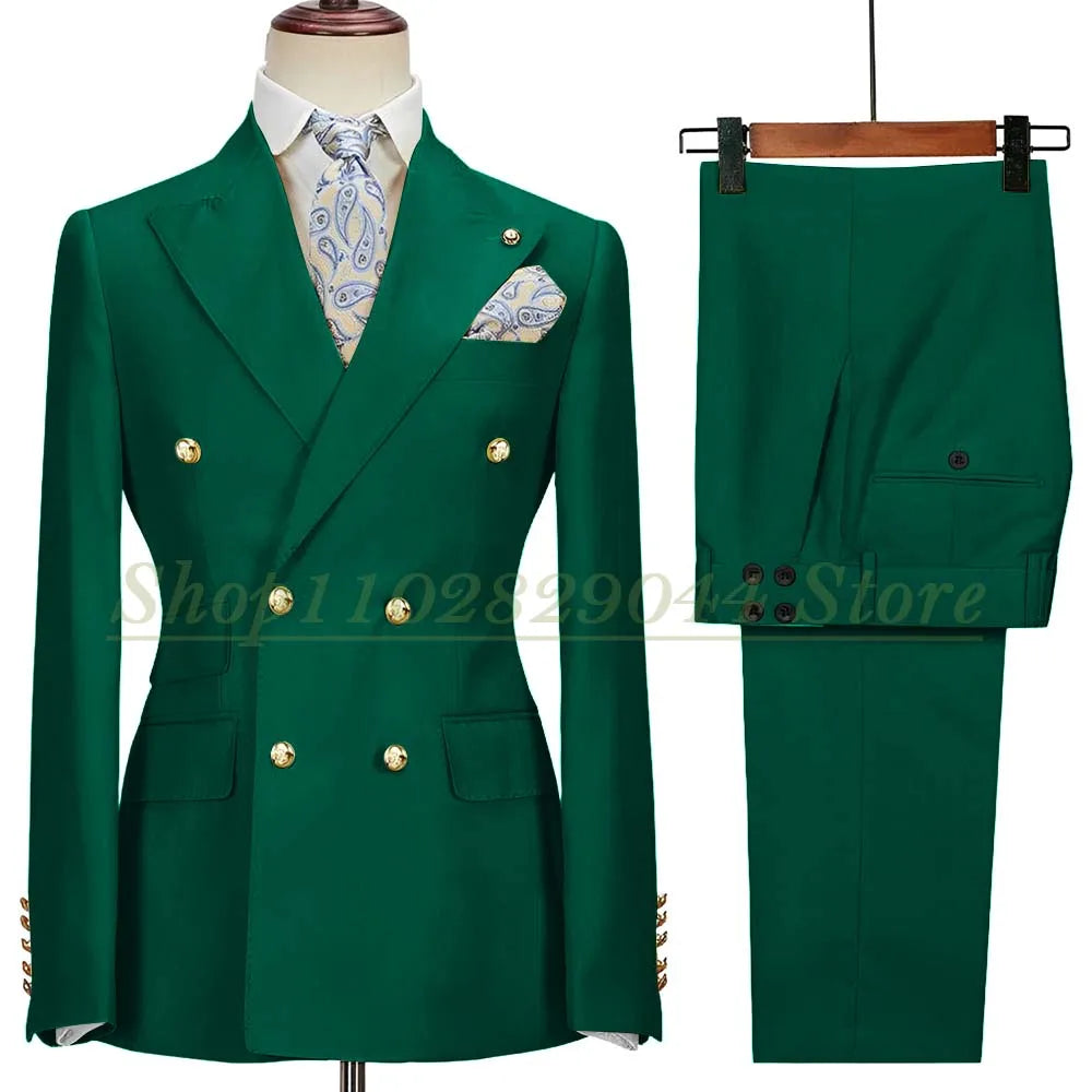 Blazer Hombre Yellow Suits for Men Chic Double Breasted Peak Lapel Elegant Wedding Full Set Male 2 Piece Jacket Pants 031D