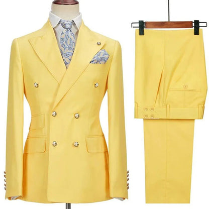 Blazer Hombre Yellow Suits for Men Chic Double Breasted Peak Lapel Elegant Wedding Full Set Male 2 Piece Jacket Pants 031D