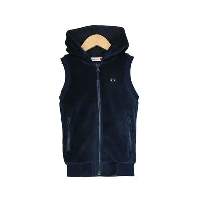 Childhood clothing boy/girl school vest navy velour lining hooded outside vest front zippers and embroided heart kids tops