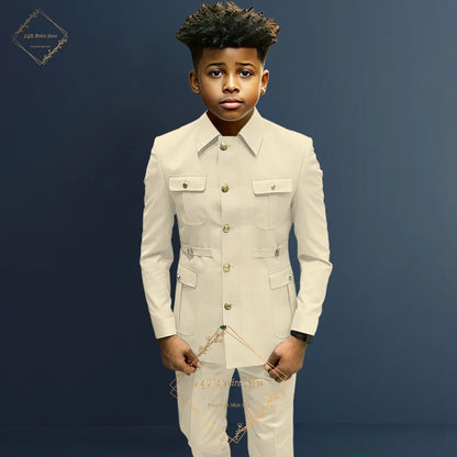 Boys single breasted formal suit 2 piece suit, boys Zhongshan suit style long coat classic design suitable for 2~16 years old