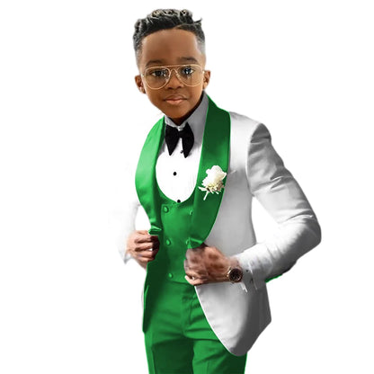 Boy Suits Costume 3 Pieces Child White Jacket Sets Black Vest Pant Flower Boys Formal Party Suit Kids Wedding Suit Tuxedo