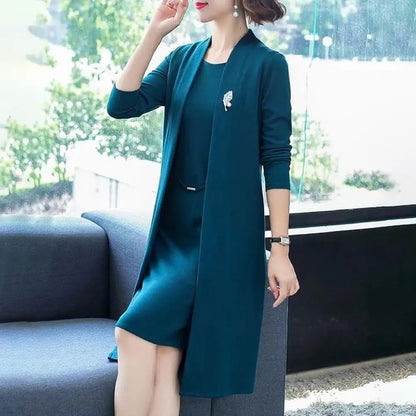 Women s Office Suit Fashion suit Simple Solid 2025 Spring Summer Open Front Long Cardigan Top Dress 2 Piece Set Blazer
