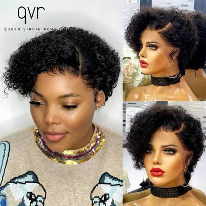 QVR Short Bob Wig Pixie Cut Wig Curly Human Hair Wigs For Women  Lace Front Wigs Peruvian Deep Wave Lace Wig Preplucked Hairline
