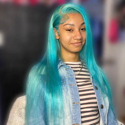 Bone Straight 13x6 Lace Front Human Hair Wigs For Women Light Blue Lace Frontal Wig Pre-Plucking Cyan Green Human Hair Wigs
