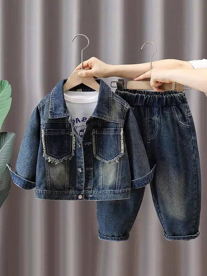 Boys Denim Suit Spring 2025 Spring Autumn New Style Children's Western-style Coat Boys' Fashionable Explosive Street 2 Piece Set