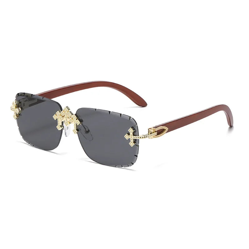 2025 New Men's Retro Rimless Square Sunglasses with Diamond-Cut Edges and Imitation Wood Grain For Lady Punk Frameless Eyewear