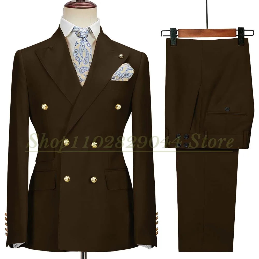 Blazer Hombre Yellow Suits for Men Chic Double Breasted Peak Lapel Elegant Wedding Full Set Male 2 Piece Jacket Pants 031D