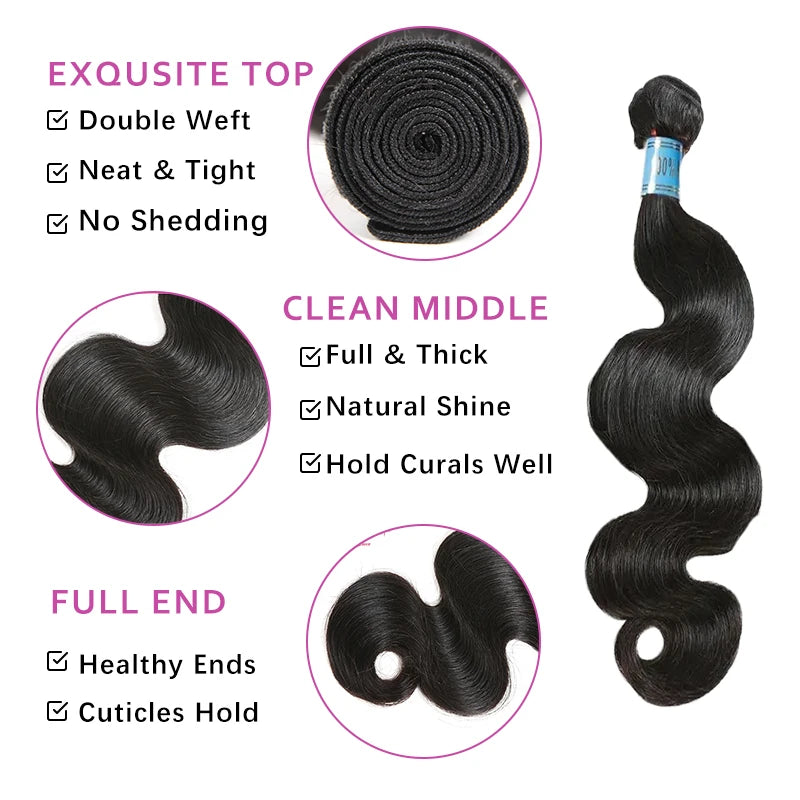 Ali Queen Hair Peruvian Body Wave Raw Virgin Human Hair Bundles 8"-28" Natural Color 3/4pcs Double Drawn Human Hair Extensions