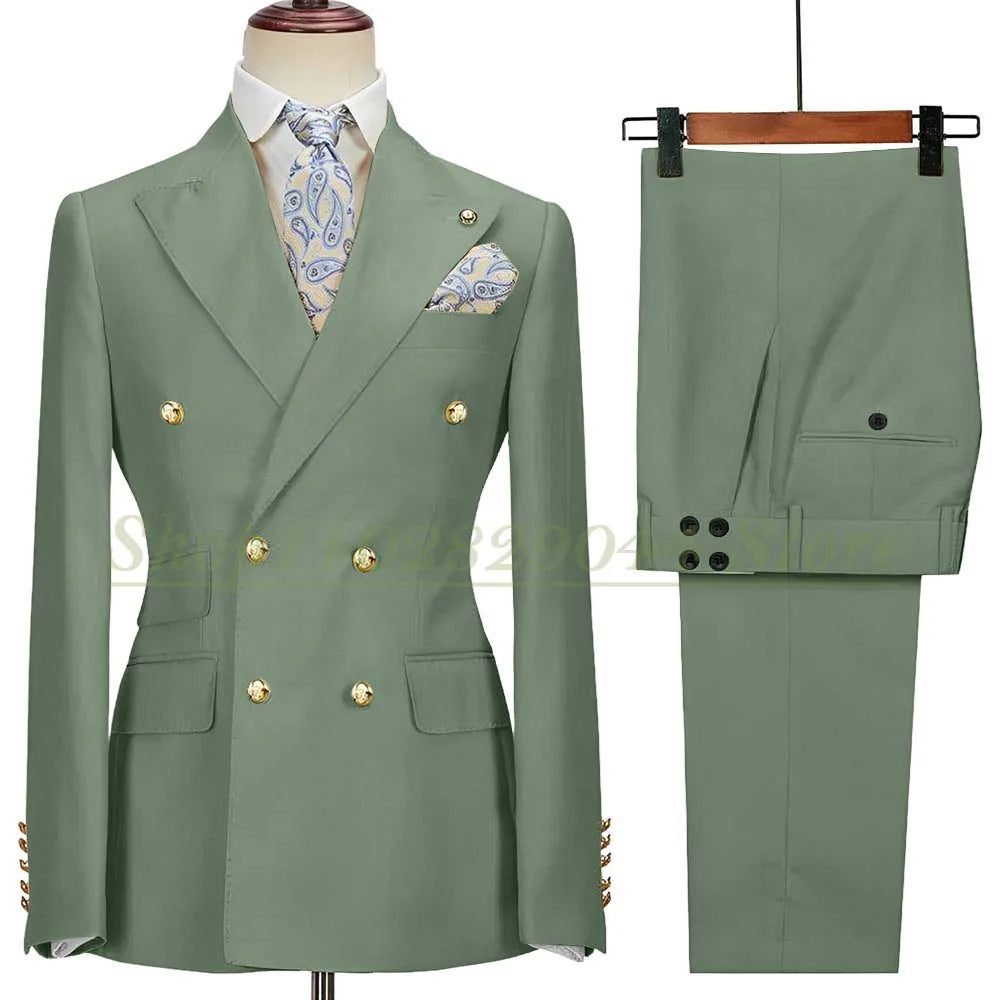 Blazer Hombre Yellow Suits for Men Chic Double Breasted Peak Lapel Elegant Wedding Full Set Male 2 Piece Jacket Pants 031D