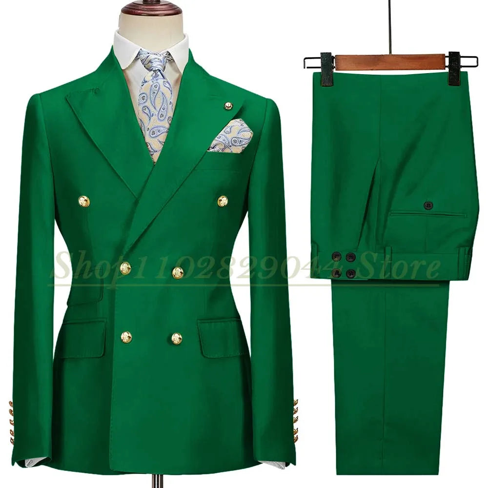 Blazer Hombre Yellow Suits for Men Chic Double Breasted Peak Lapel Elegant Wedding Full Set Male 2 Piece Jacket Pants 031D
