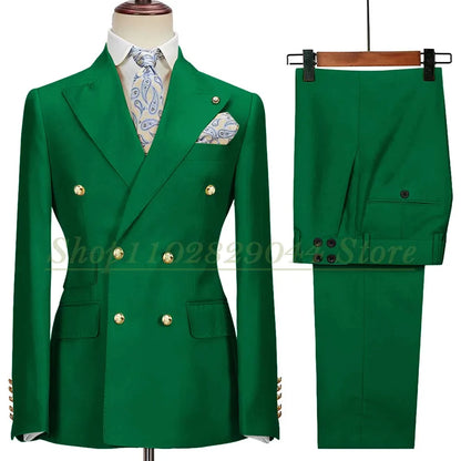 Blazer Hombre Yellow Suits for Men Chic Double Breasted Peak Lapel Elegant Wedding Full Set Male 2 Piece Jacket Pants 031D