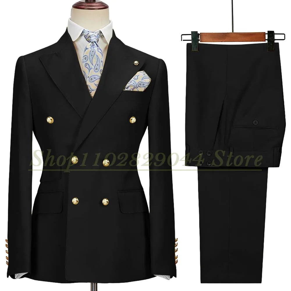 Blazer Hombre Yellow Suits for Men Chic Double Breasted Peak Lapel Elegant Wedding Full Set Male 2 Piece Jacket Pants 031D