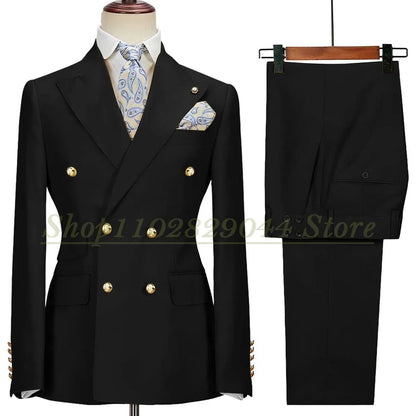 Blazer Hombre Yellow Suits for Men Chic Double Breasted Peak Lapel Elegant Wedding Full Set Male 2 Piece Jacket Pants 031D