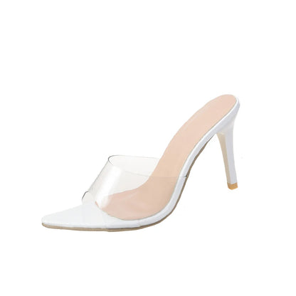 Trendy Sexy Heeled Ladies Pointed Open Toe Slip on Party Stiletto High Heel Clear Mule Slides Woman Nude Transparent Shoes