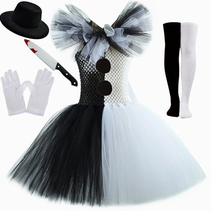2025 Halloween Festive Party Girls Cosplay Black and White Witch Sleeveless Clown Lace Vampire Clothing Plus Accessories Set