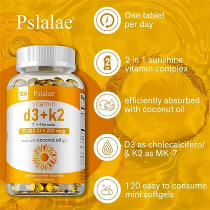 Vitamin D3+K2 Supplement - for Calcium Absorption, Maintain Teeth, Bones, Heart and Joint Health, Promote Blood Circulation
