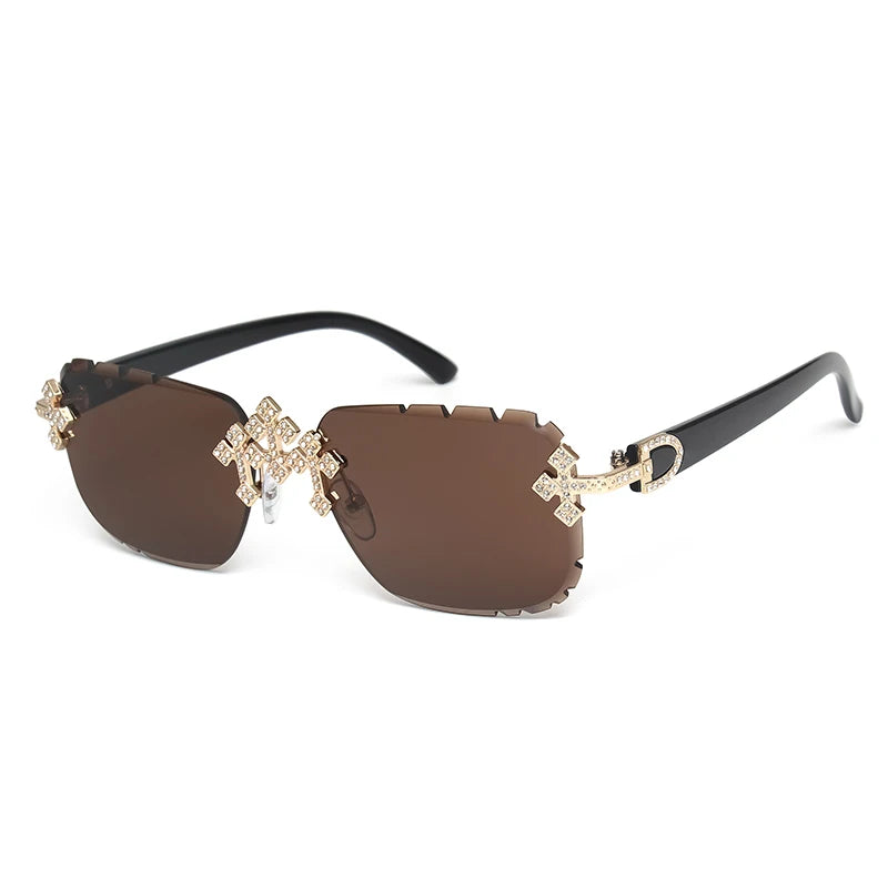 2025 Fashion Square Rimless Sunglasses Cross Diamond Metal Frame For Women Luxury Eyewear Cut Lens UV400 Shades Sun Glasses