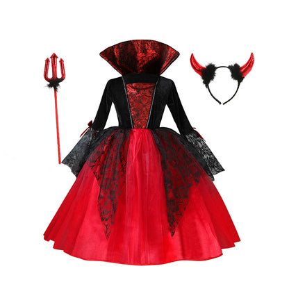 2025 Girls Cosplay Vampire Halloween Dress for Kids Ghost Bride Gothic Costume Count Vampiran Carnival Outfit Black Red Clothes