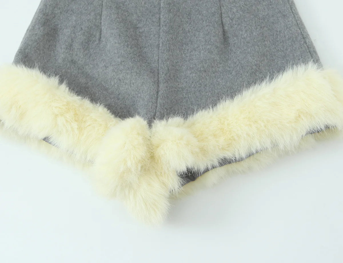 Women Suit 2025 Autumn Winter New Fashion Button Fur Decoration Jacket+Shorts Two-Piece Set Women Elegant Hight Street Suit