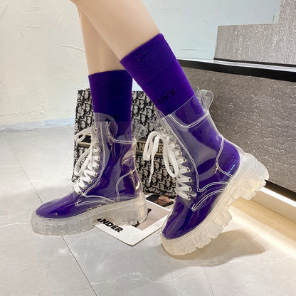 Women Sport Chunky Jelly Shoes Platform Flats Rainboots 2022 Spring New Designer Transparent Ladies Shoes Running Zapatos
