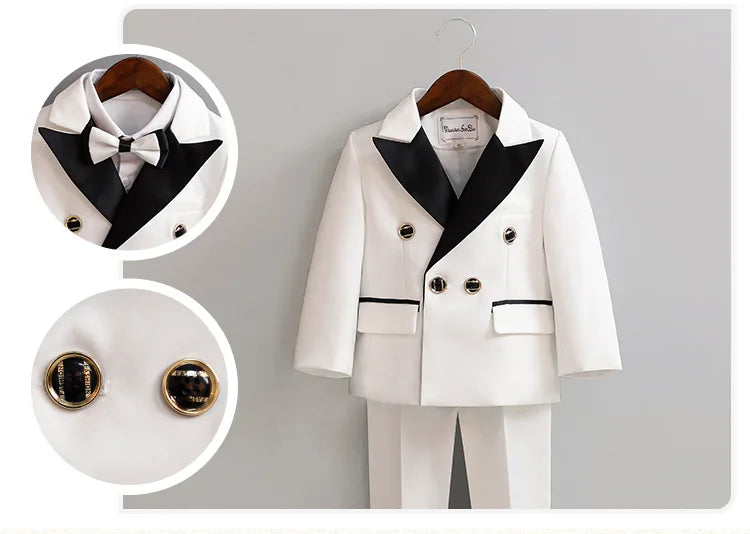 Children 3Pieces White Wedding Suit Kids Jacket Pants Botwtie Photograph Suit Flower Boys Birthday Tuxedo Party Dress