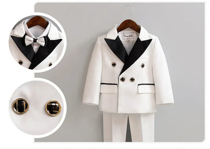 Children 3Pieces White Wedding Suit Kids Jacket Pants Botwtie Photograph Suit Flower Boys Birthday Tuxedo Party Dress
